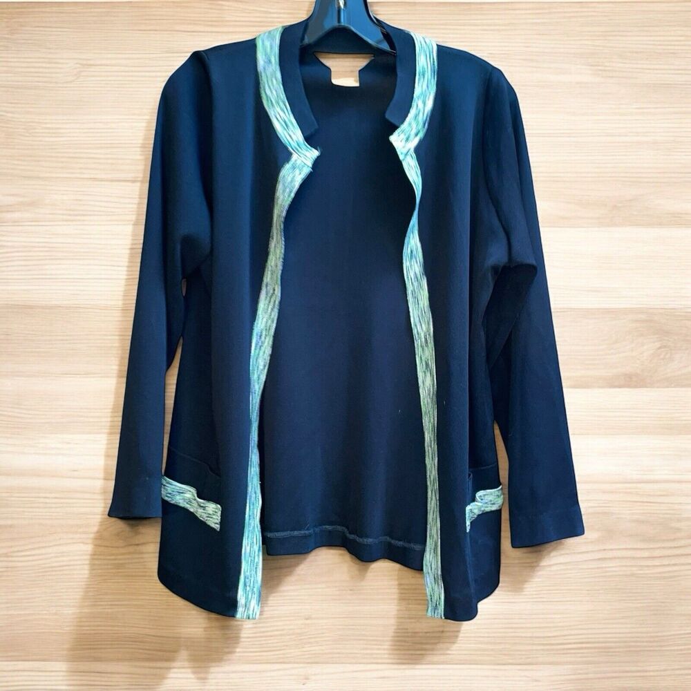 Exclusively Misook Cardigan M Black/Green Trim Long Sleeve Open Front Cardigan`